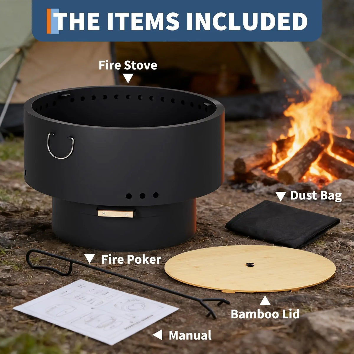 HiMISS Smokeless Fire Pit Table With Bamboo Lid Carrying Bag
