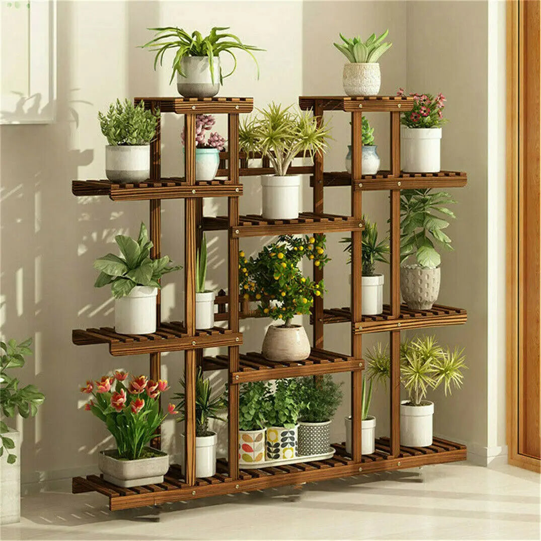 11 Tier Carbonized Wood Plant Stand For Indoor Outdoor Decor
