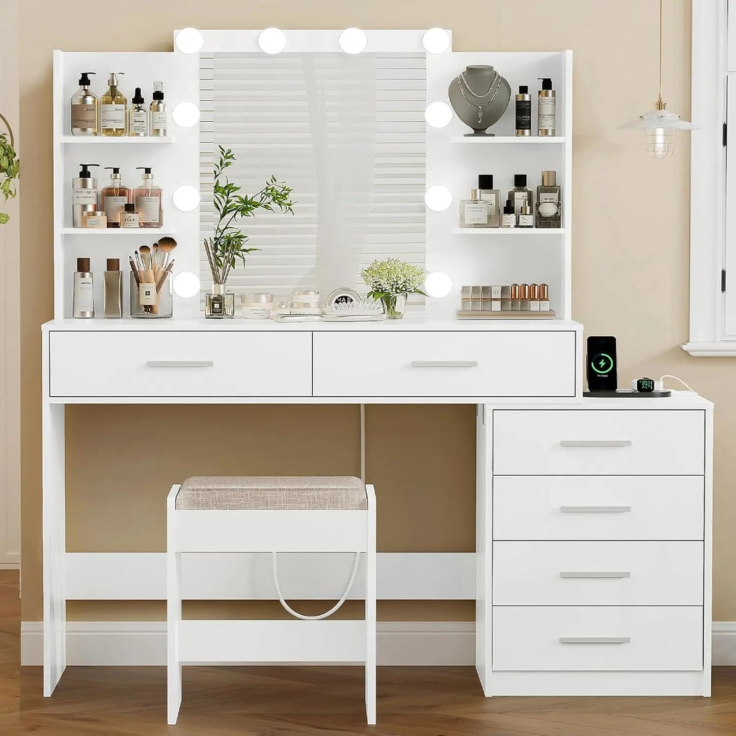 Vanity Desk With LED Mirror And Power Outlet 7 Drawers