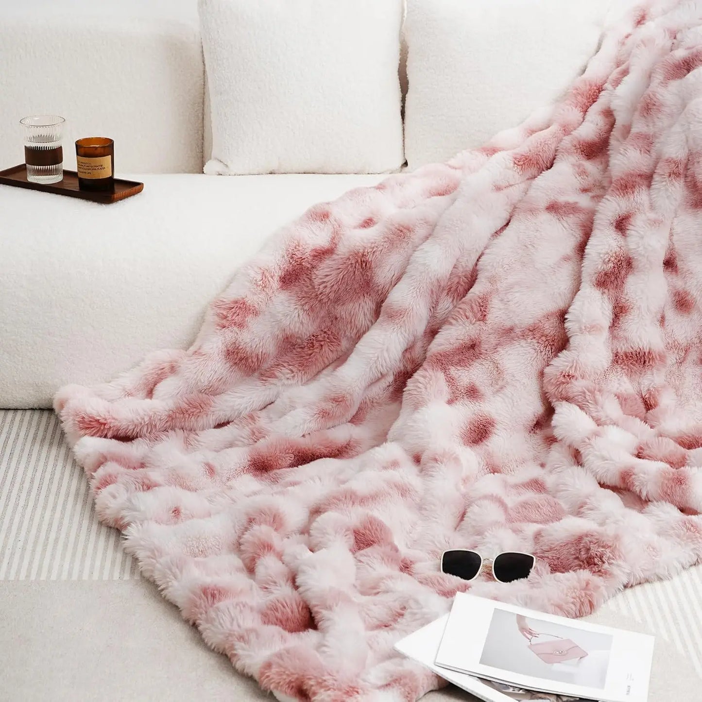ROSEKIND Cozy Faux Rabbit Fleece Blanket Throw For Living Room