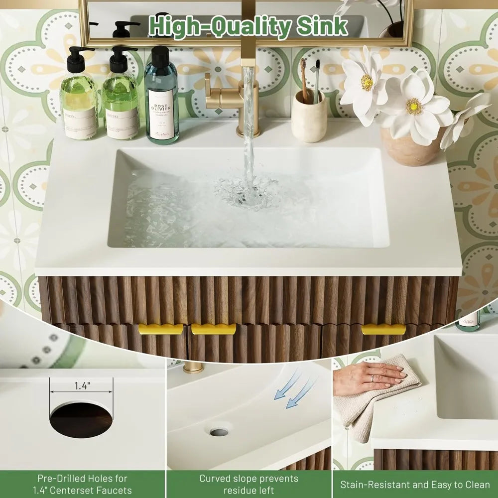Modern Fluted Walnut Bathroom Vanity With Sink And Storage