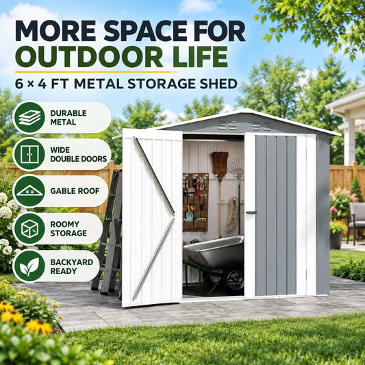 Outdoor Metal Garden Storage Shed With Gable Roof Double Doors