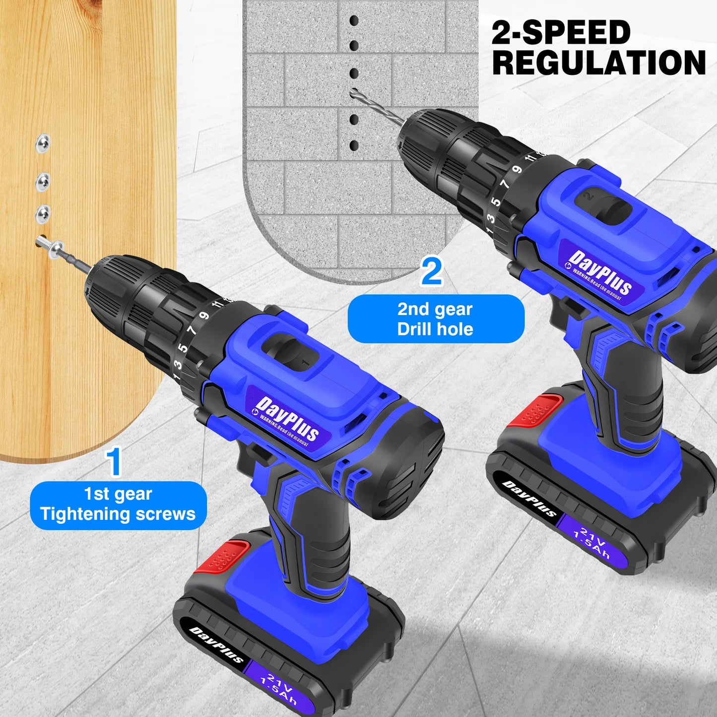 DayPlus 21V Cordless Drill Driver 45Nm 2 Speed Battery Included