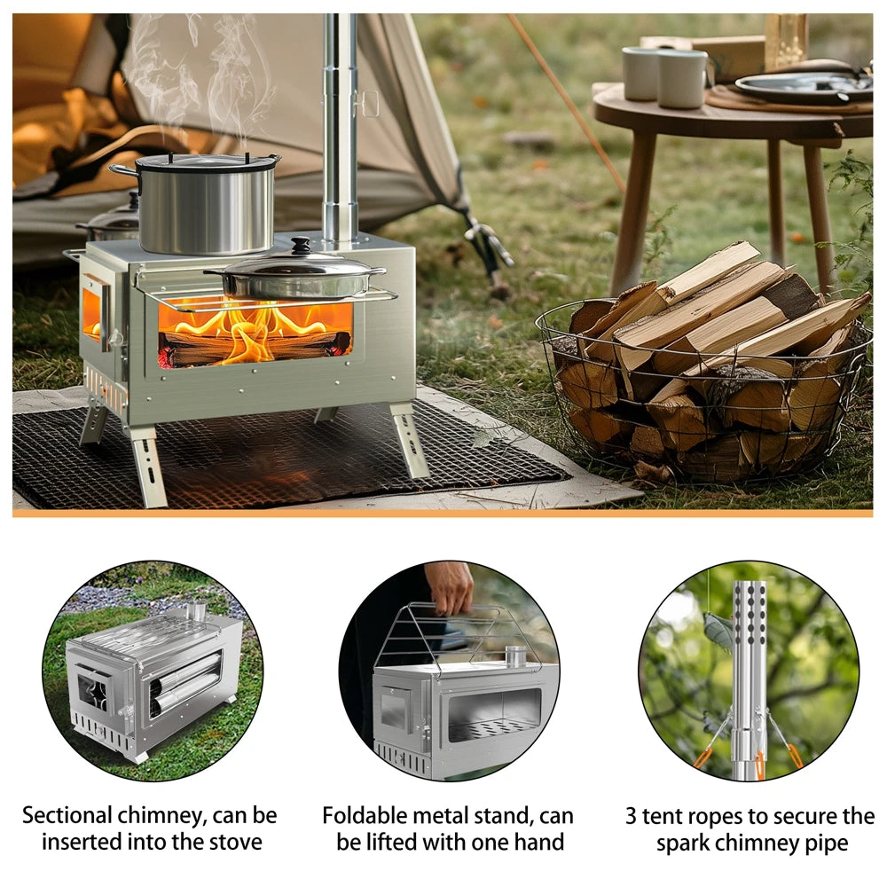 Portable Wood Burning Stove Stainless Steel Outdoor Heater Chimney Pipes