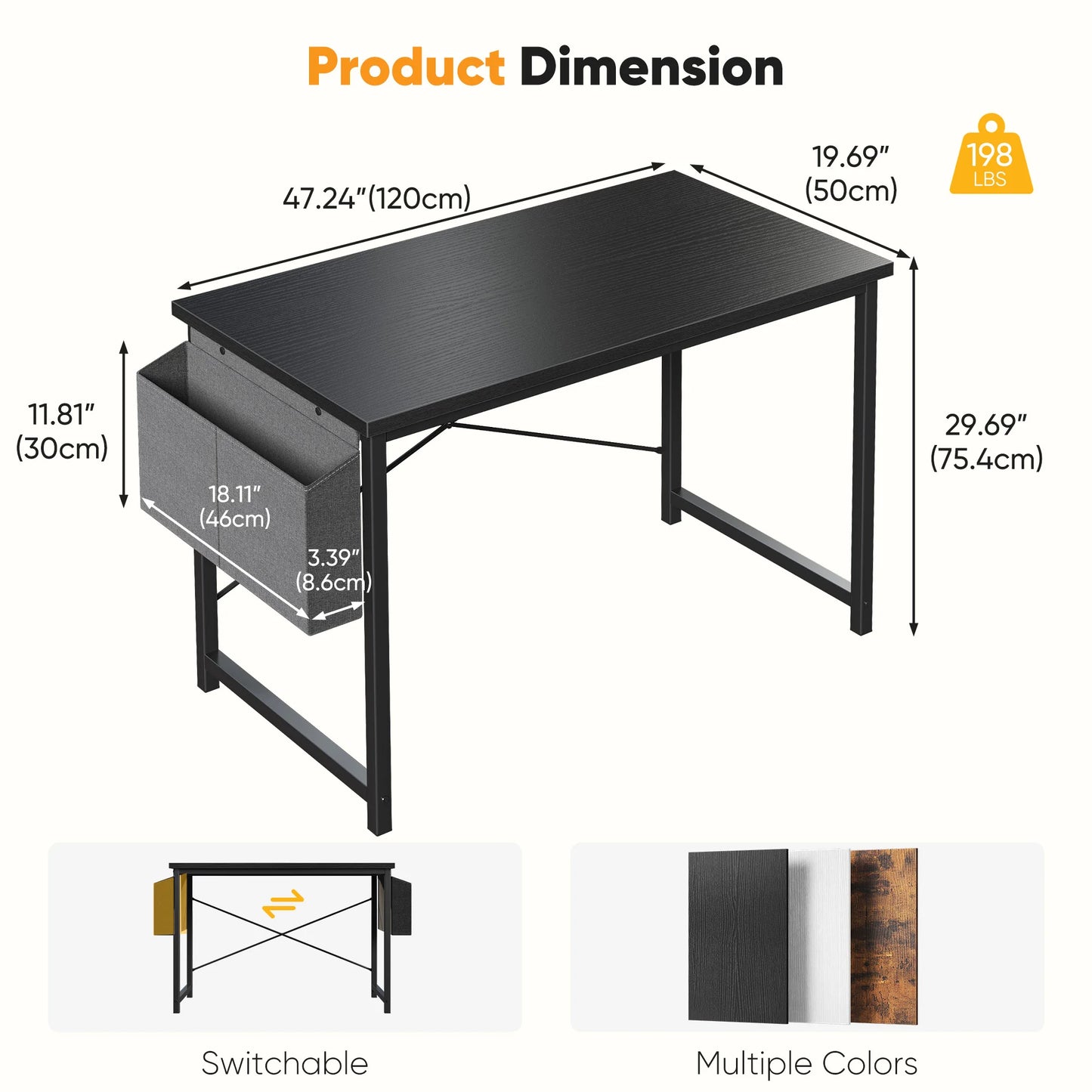 JHK Computer Desk With Wooden Top And Practical Storage Bag