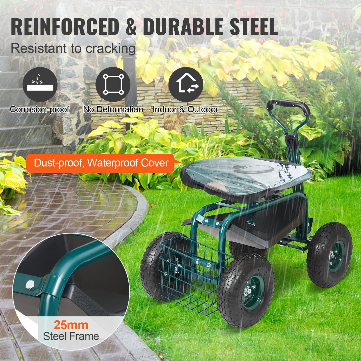 SucceBuy Rolling Garden Cart With 360 Degree Swivel Seat