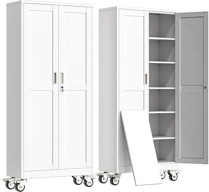 Metal Garage Storage Cabinet With 2 Doors And Wheels 5 Adjustable Shelves