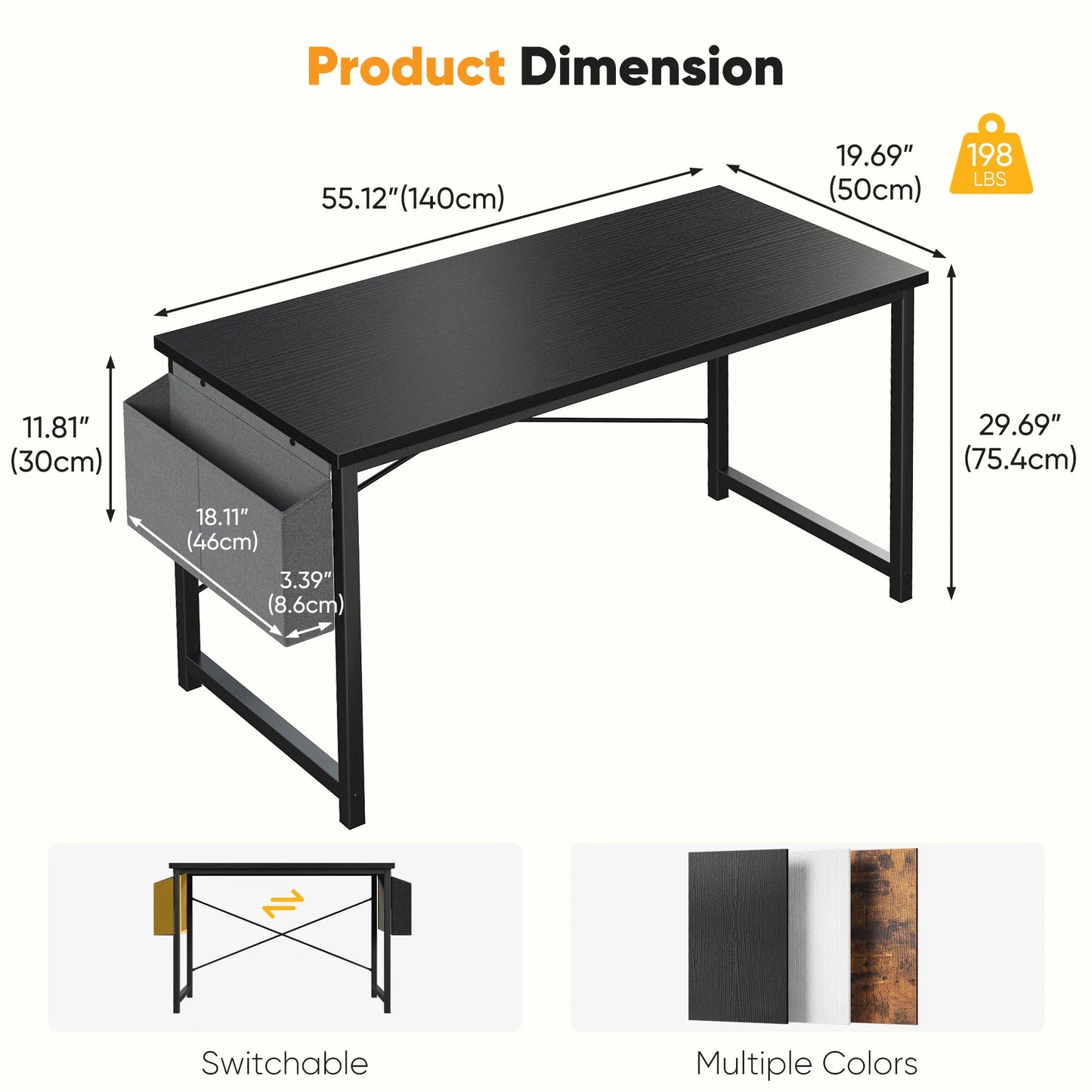 JHK Computer Desk With Wooden Top And Practical Storage Bag