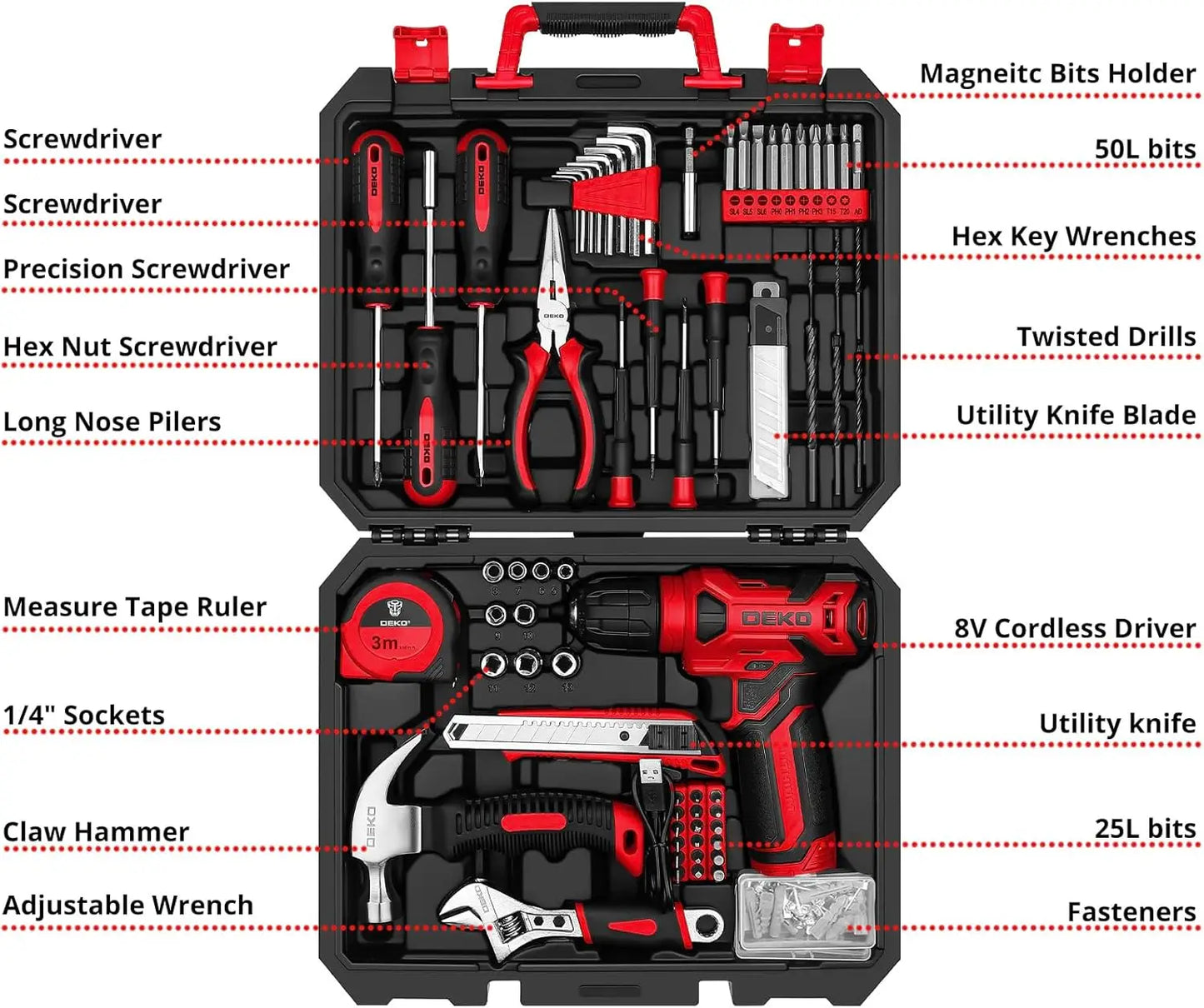 DEKO 8V Cordless Drill 126 Piece Complete Home Tool Kit