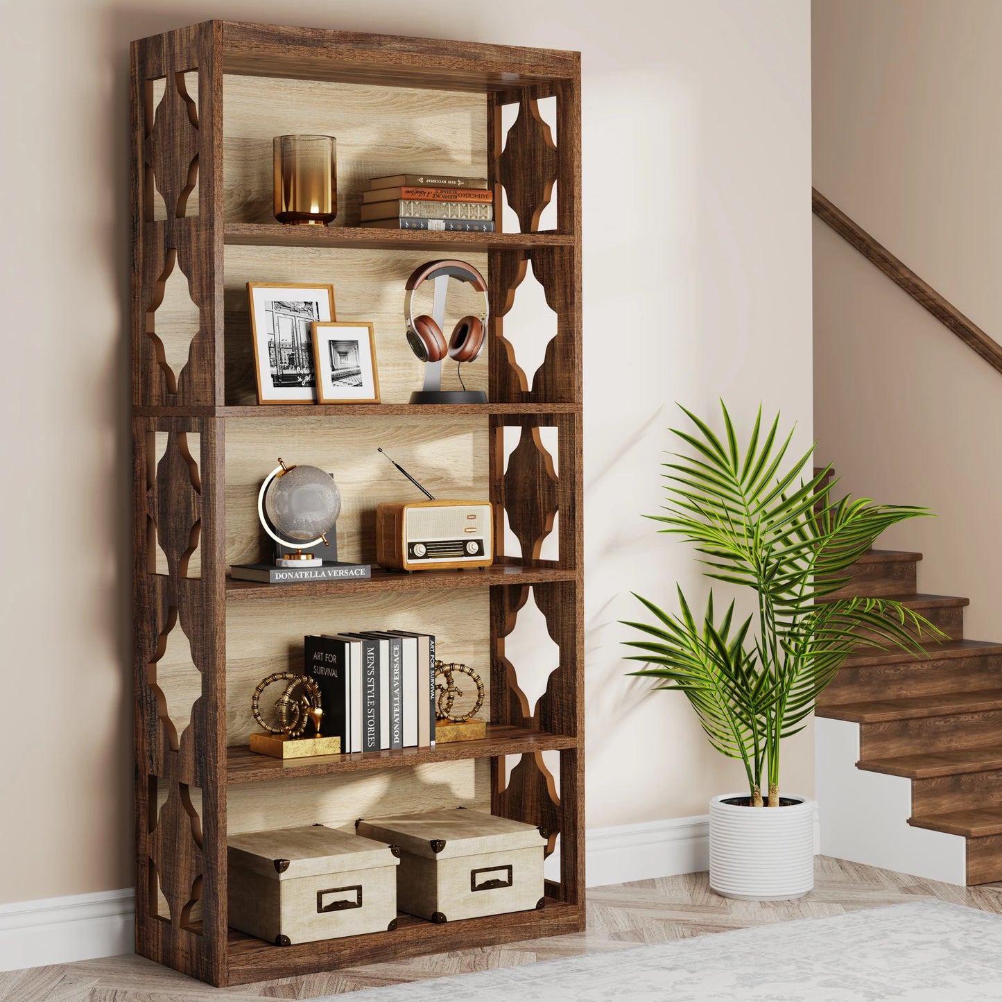 Tribesigns 5-Tier Industrial Wood Bookcase for Living Room