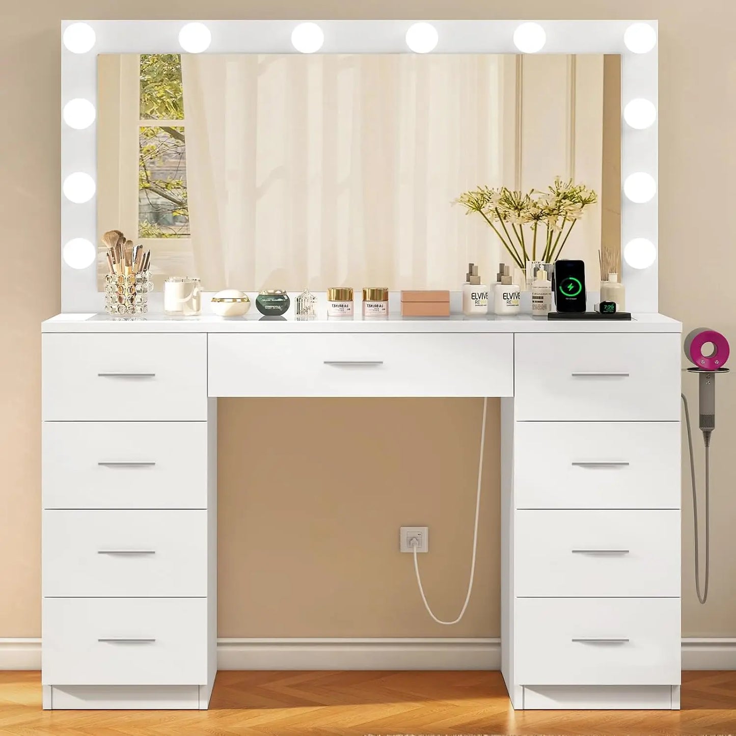 Vanity Desk With LED Mirror And Power Outlet 7 Drawers