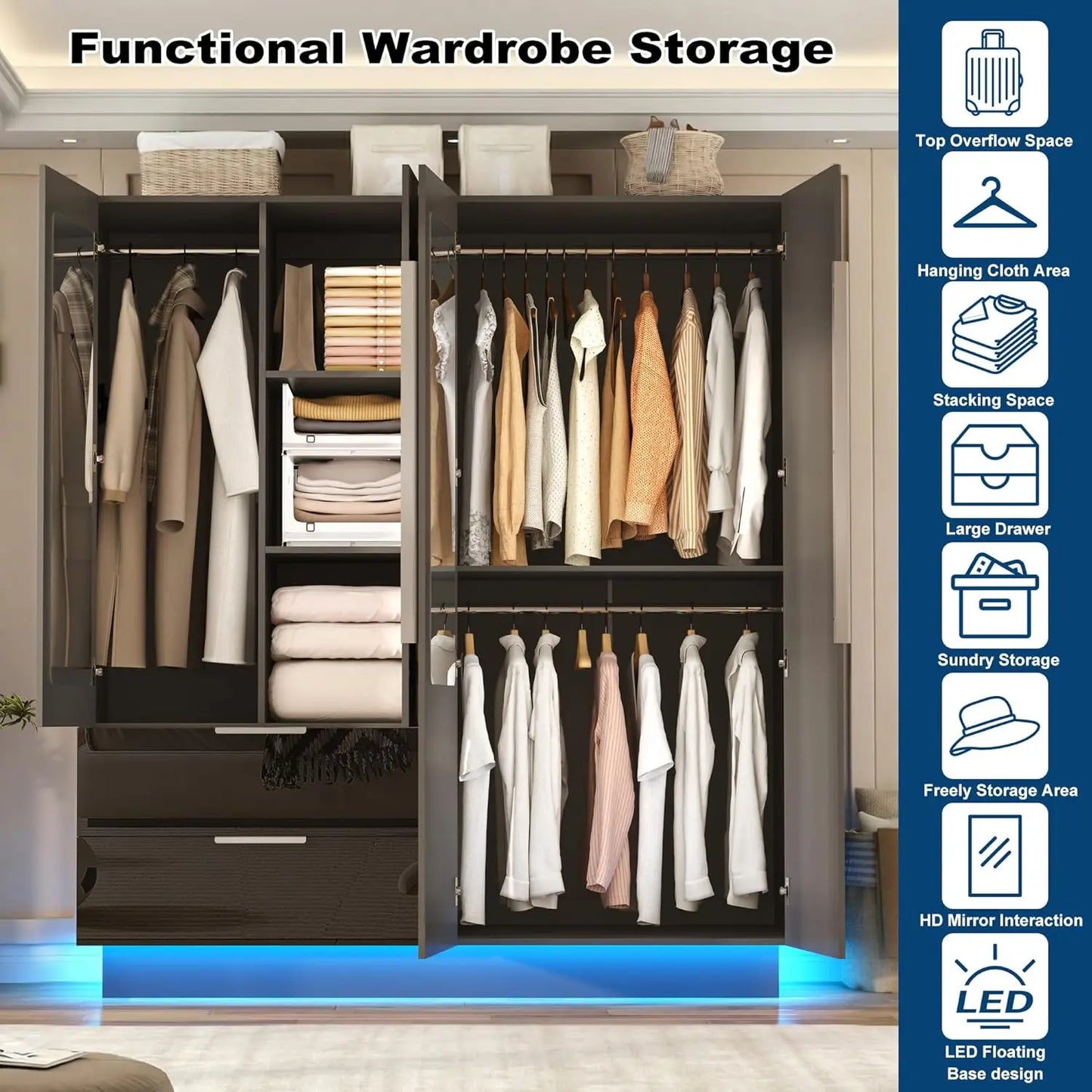 Armoire Wardrobe With Mirror Doors And LED Lights