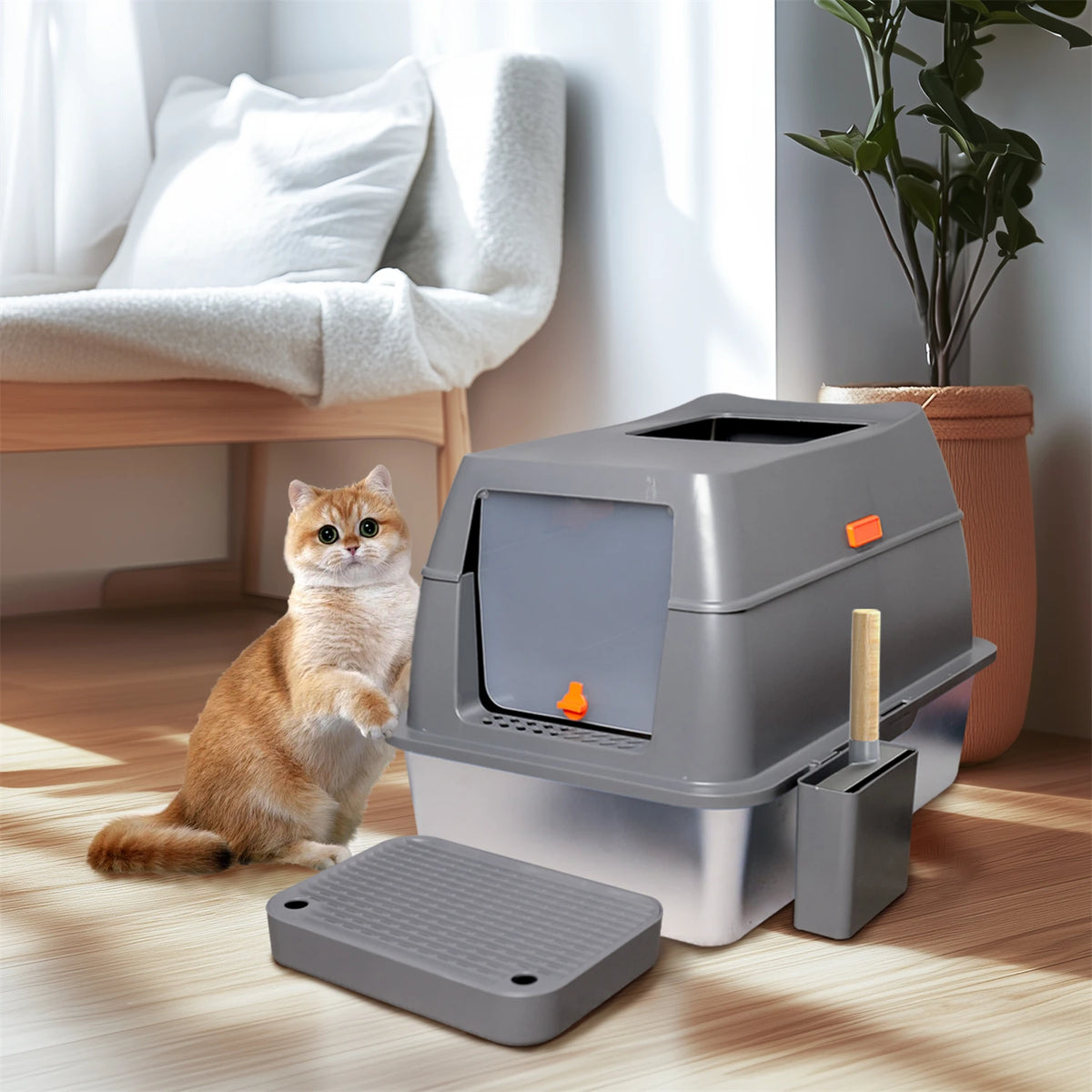 Enclosed Stainless Steel Cat Litter Box With Lid And High Sides