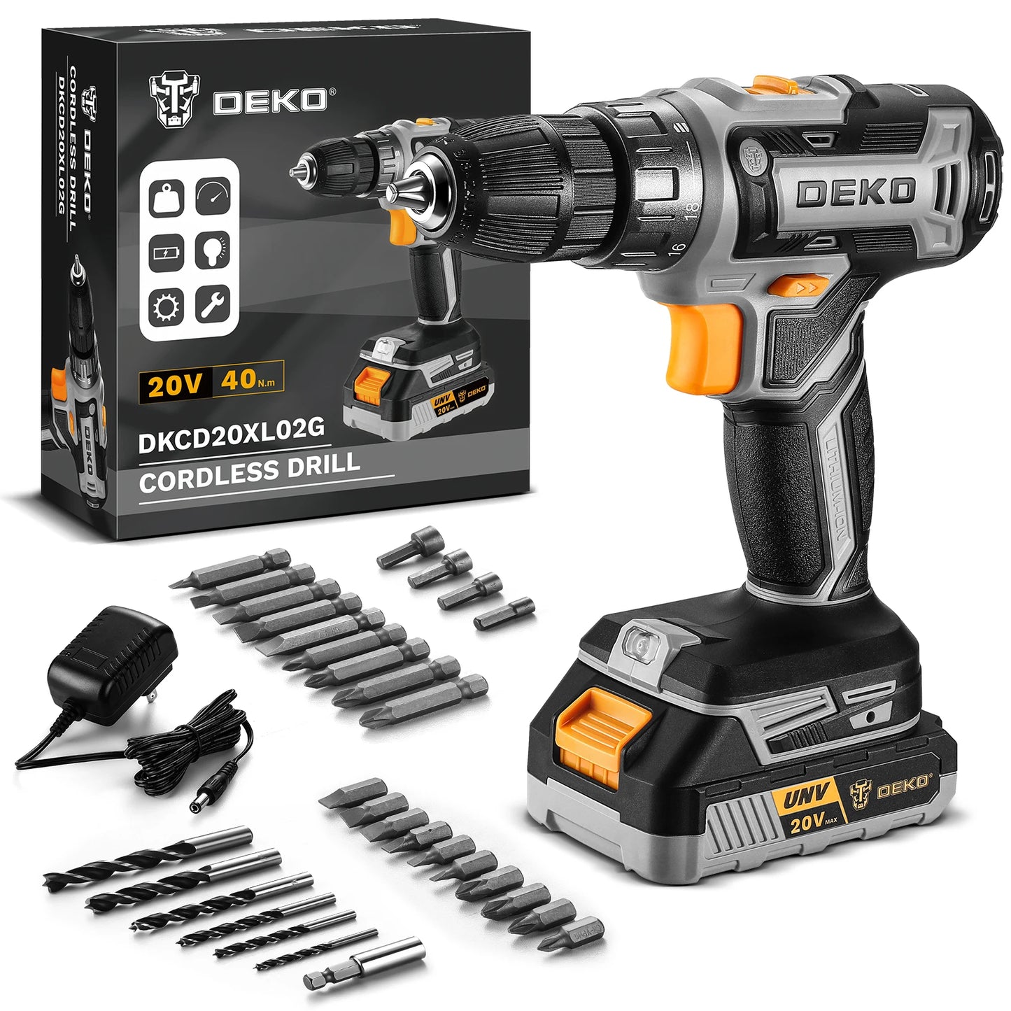 Deko 20V Cordless Drill Driver Kit With Charger Battery