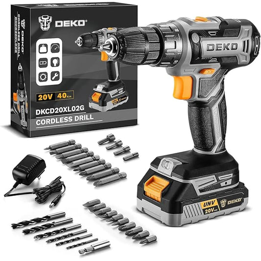 DEKO 20V Cordless Drill Kit With Rechargeable Battery And Charger