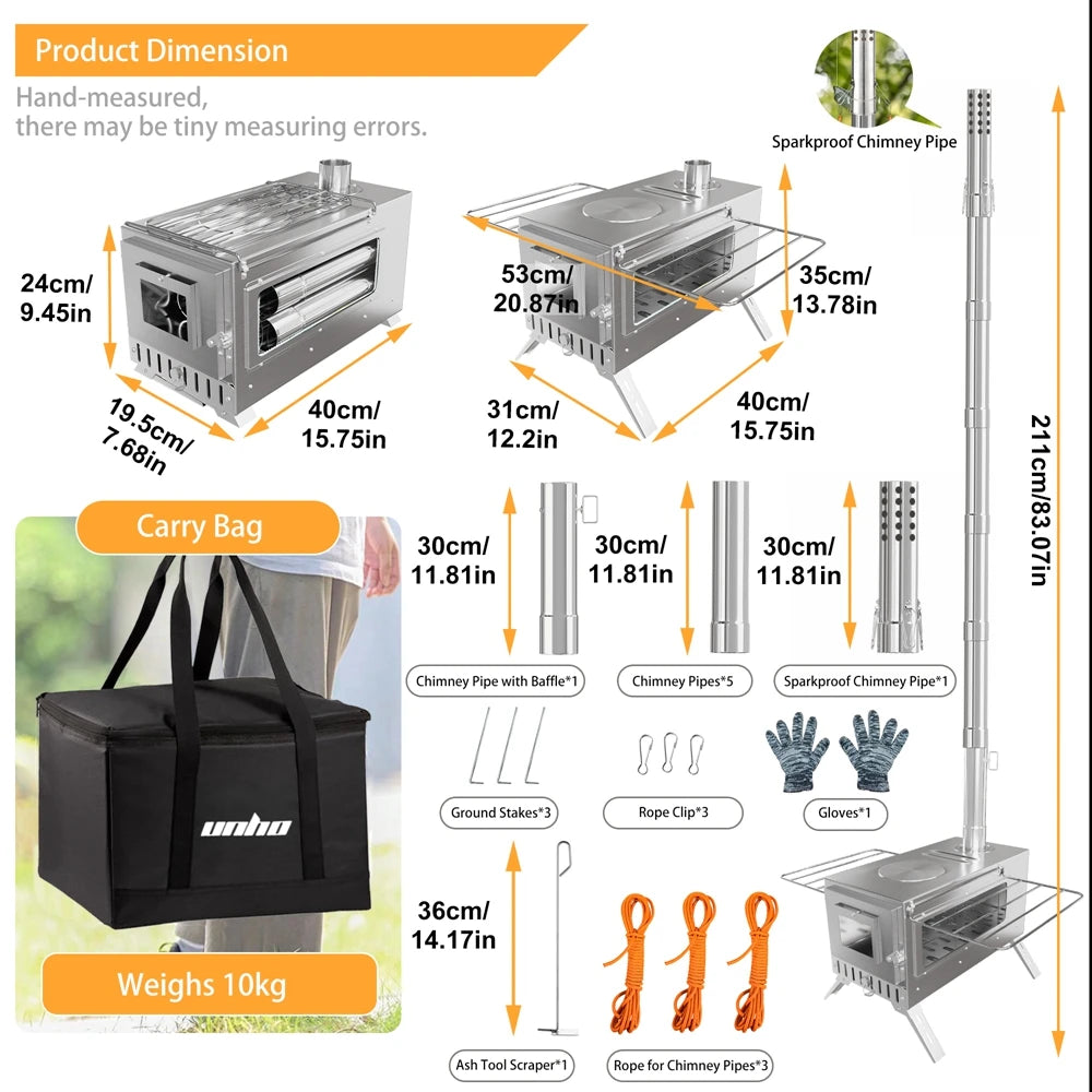 Portable Wood Burning Stove Stainless Steel Outdoor Heater Chimney Pipes
