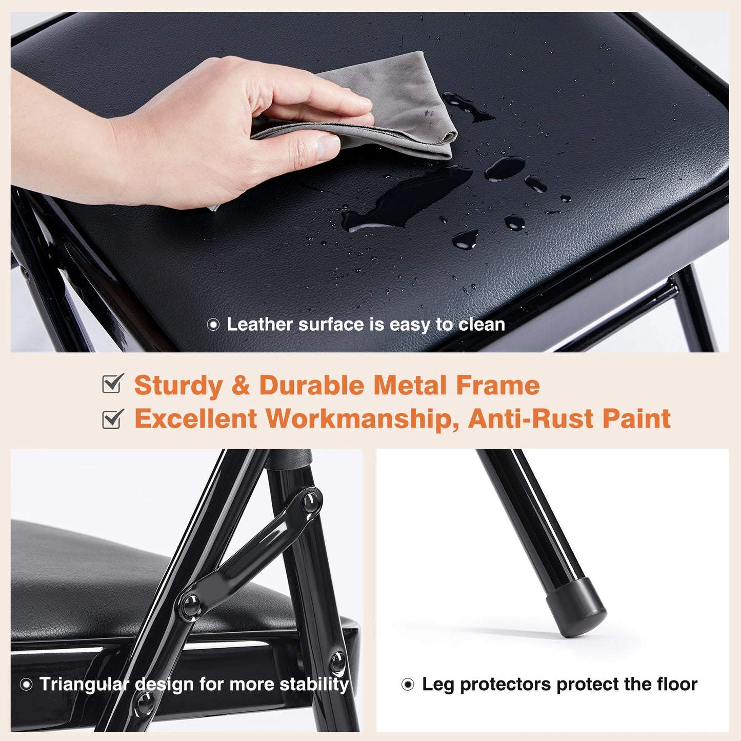 JHK Leather Padded Folding Chair Set, 4 Pack, Sturdy Metal