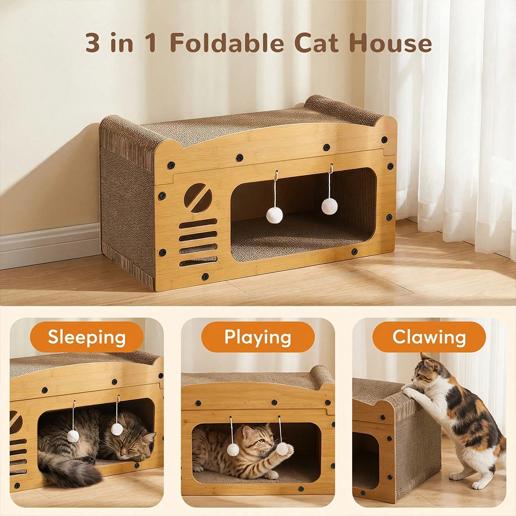 Multifunctional Cat House Scratcher Lounge With Hanging Toys
