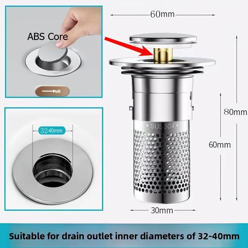 ATMDOG Press-Type Sink Drain Plug, Leakproof Stainless Steel