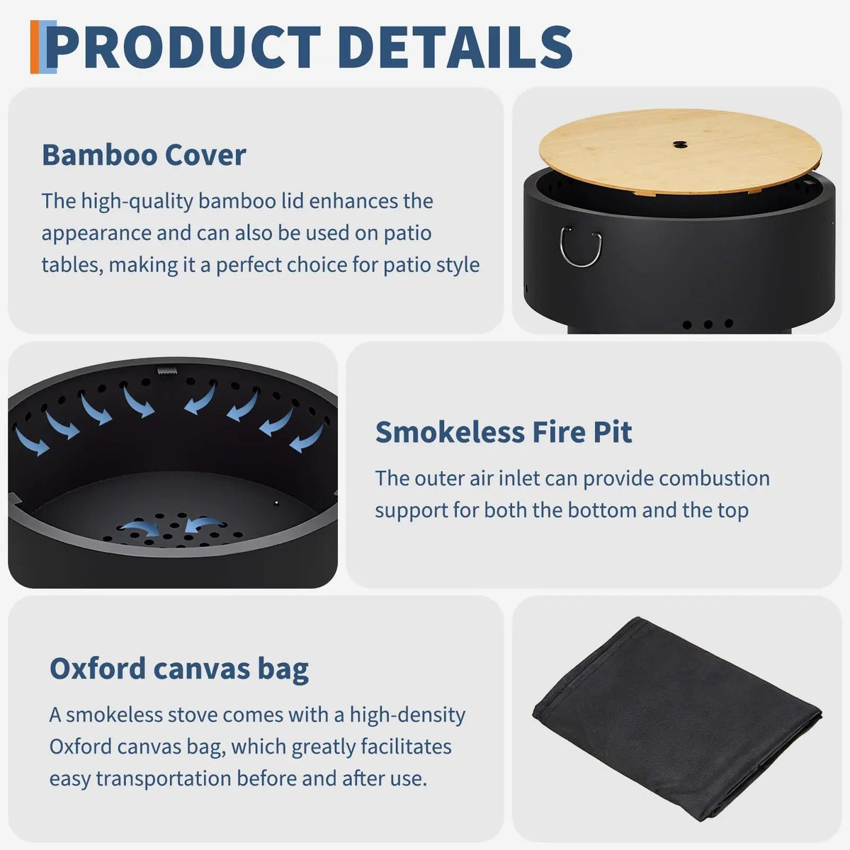 HiMISS Smokeless Fire Pit Table Bamboo Lid Removable Ash Pan
