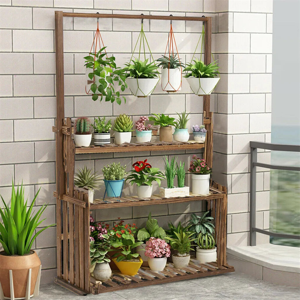 Heavy Duty Wooden Hanging Plant Stand With Tiered Shelves