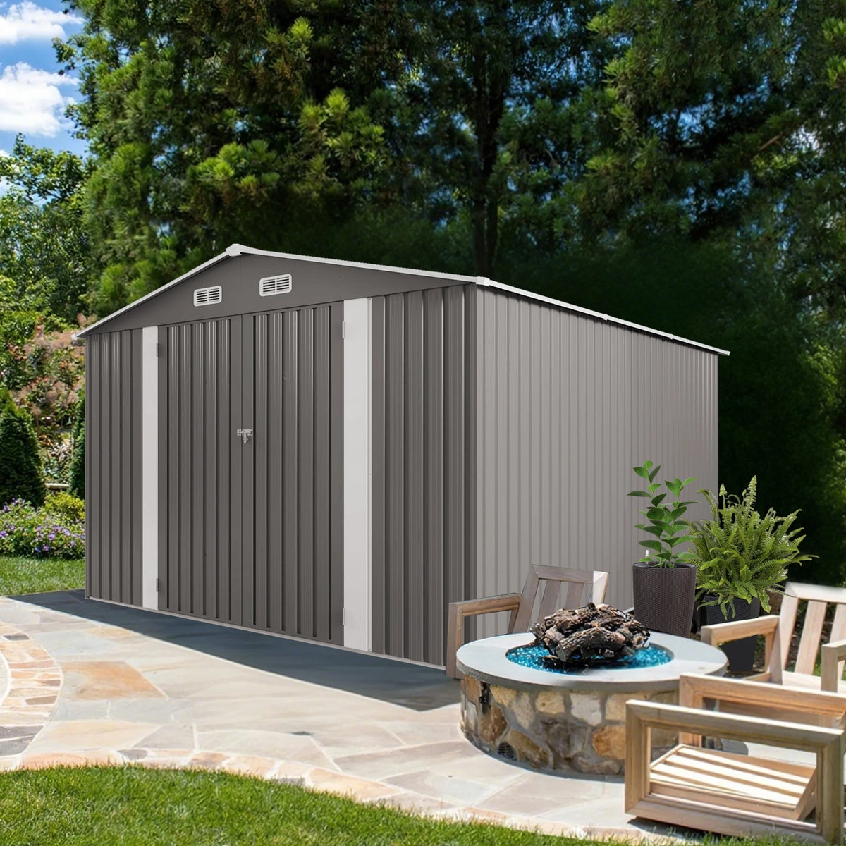SUSUA Outdoor Metal Storage Shed With Double Doors And Windows