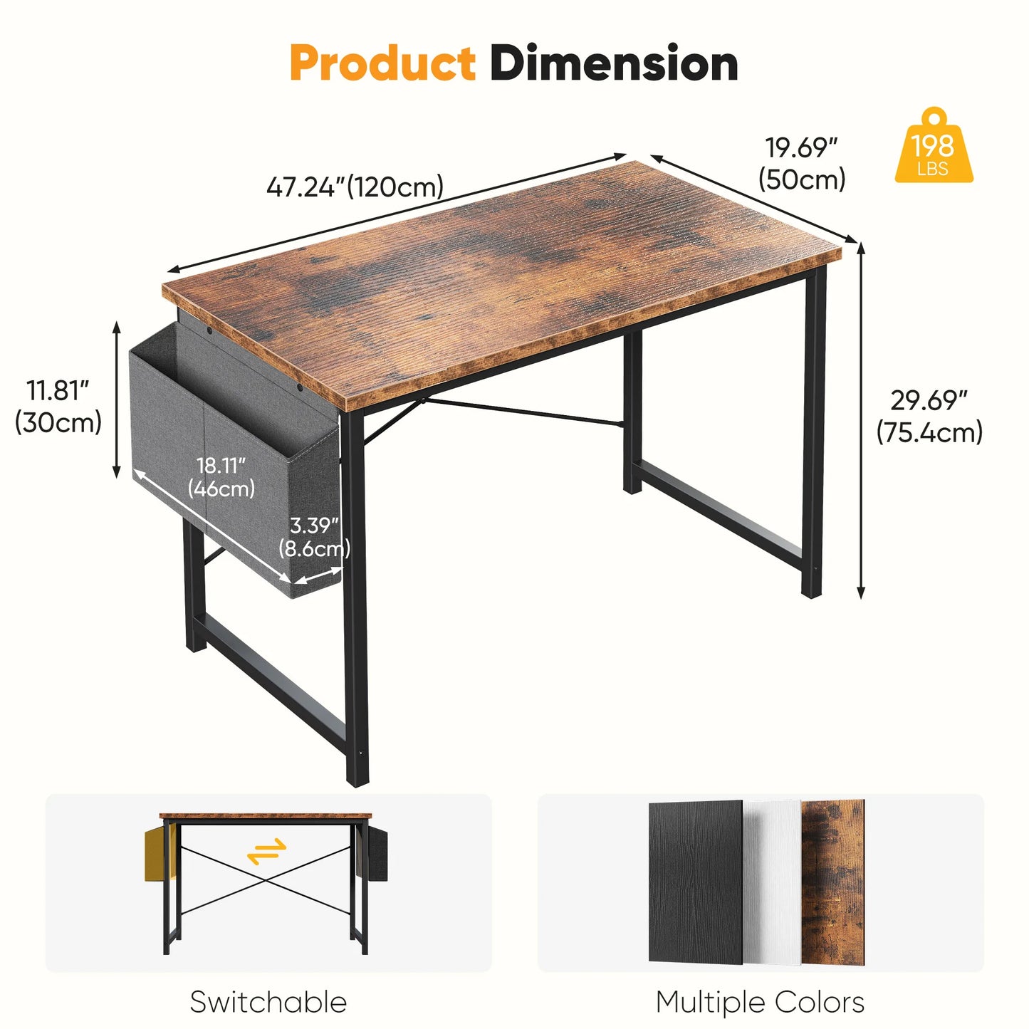 JHK Computer Desk With Wooden Top And Practical Storage Bag