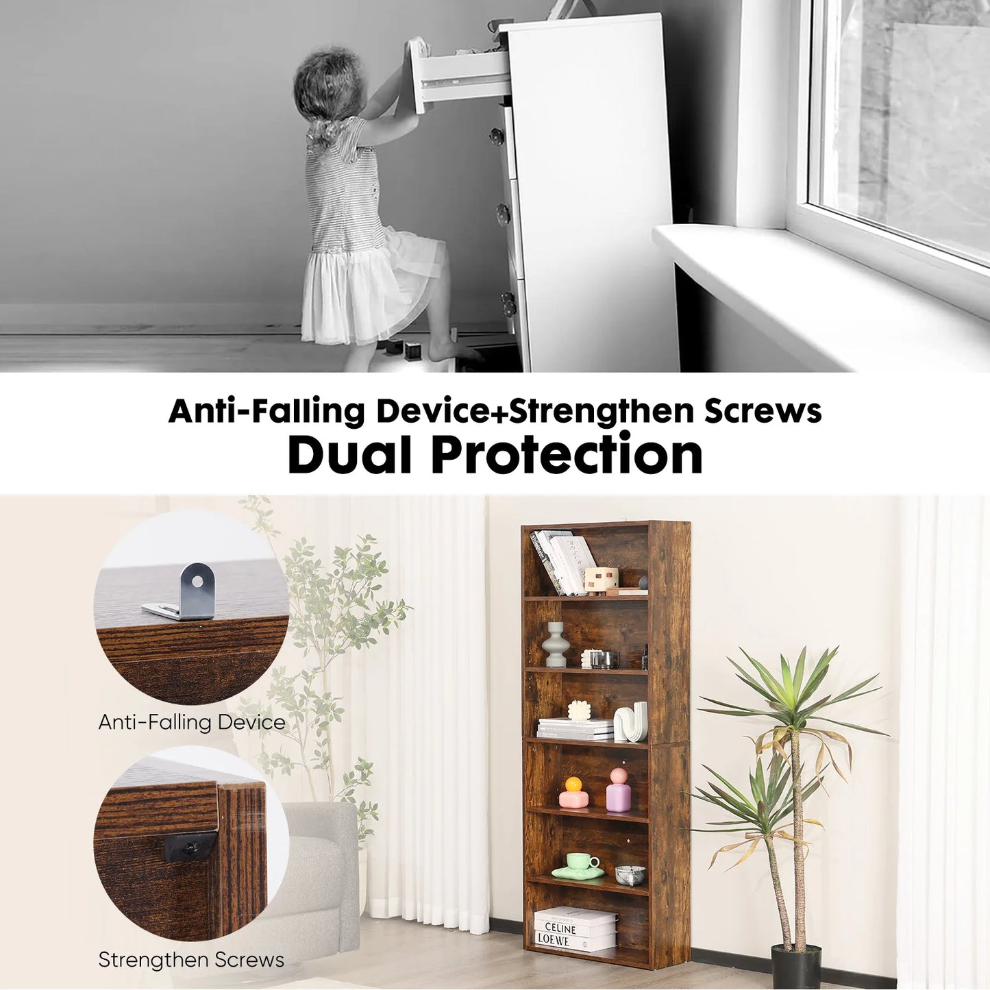 JHK 6 Tier Wood Shelf Bookcase For Living Room Office