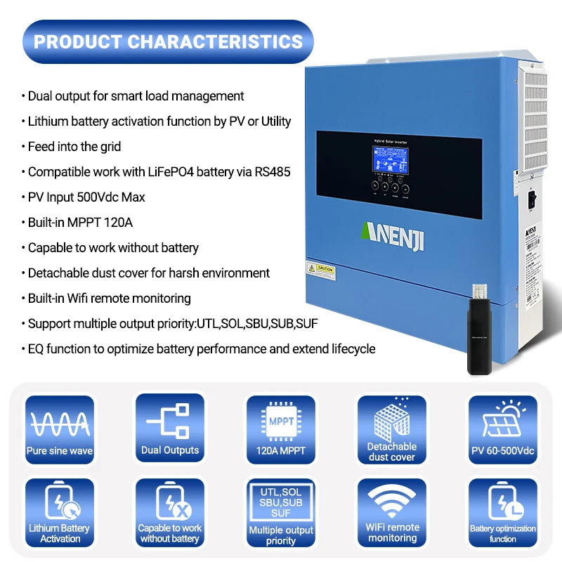 Anenji Hybrid Solar Inverter With Built In MPPT Charge Controller