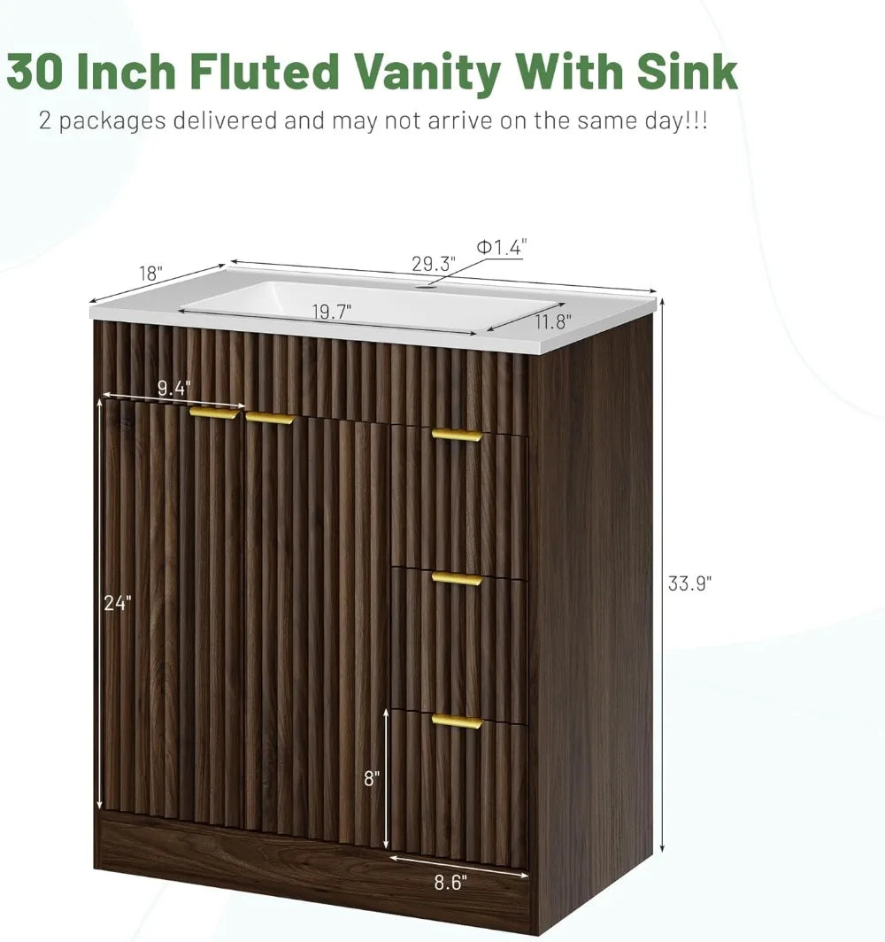 Modern Fluted Walnut Bathroom Vanity With Sink And Storage