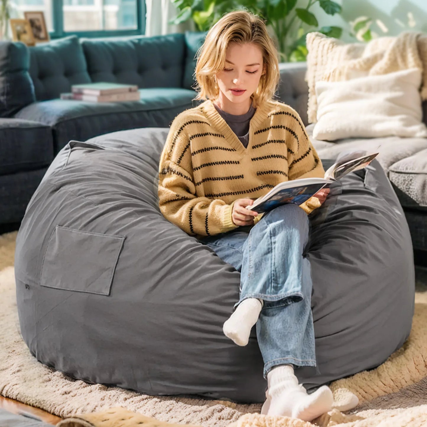 Bean Bag Chair With Removable Cover For Gaming And Reading