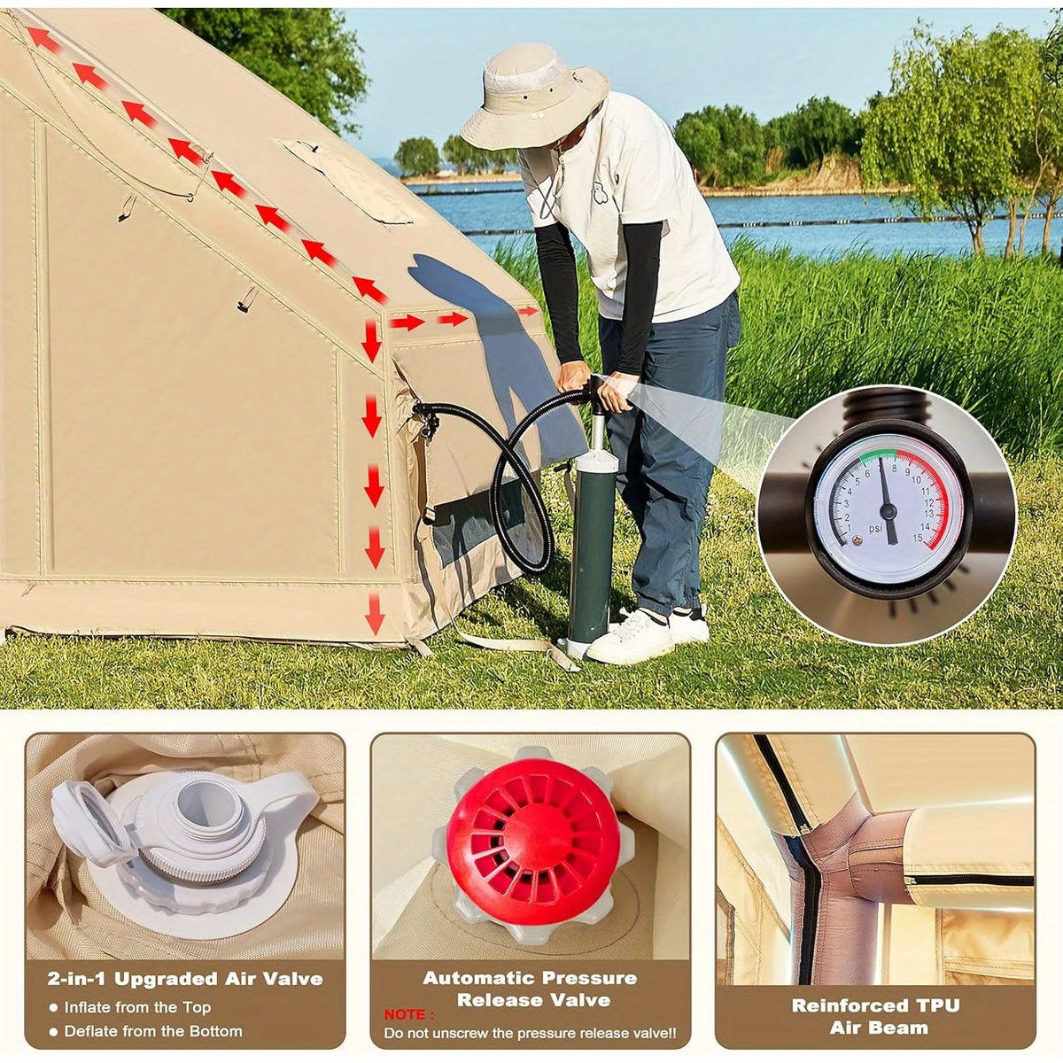 Inflatable Camping Tent With Stove Jack Skylight And Double Doors