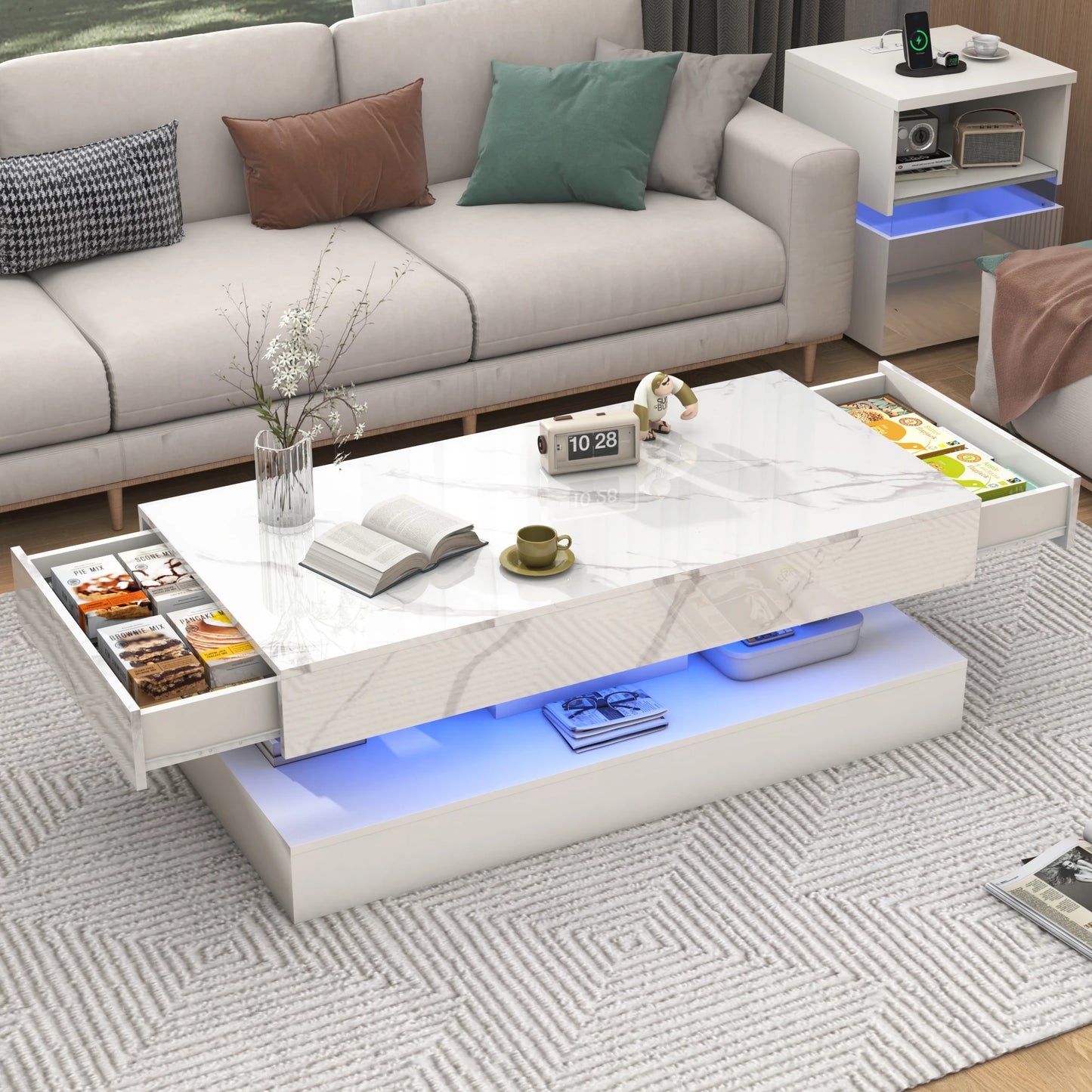 QiaoShiRen Modern Double Layer Coffee Table With Storage Drawers