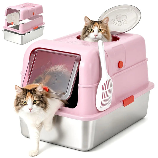 Studyset Stainless Steel Enclosed Cat Litter Box with Lid