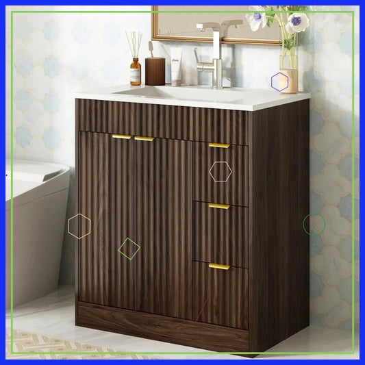 Modern Fluted Walnut Bathroom Vanity With Sink And Storage