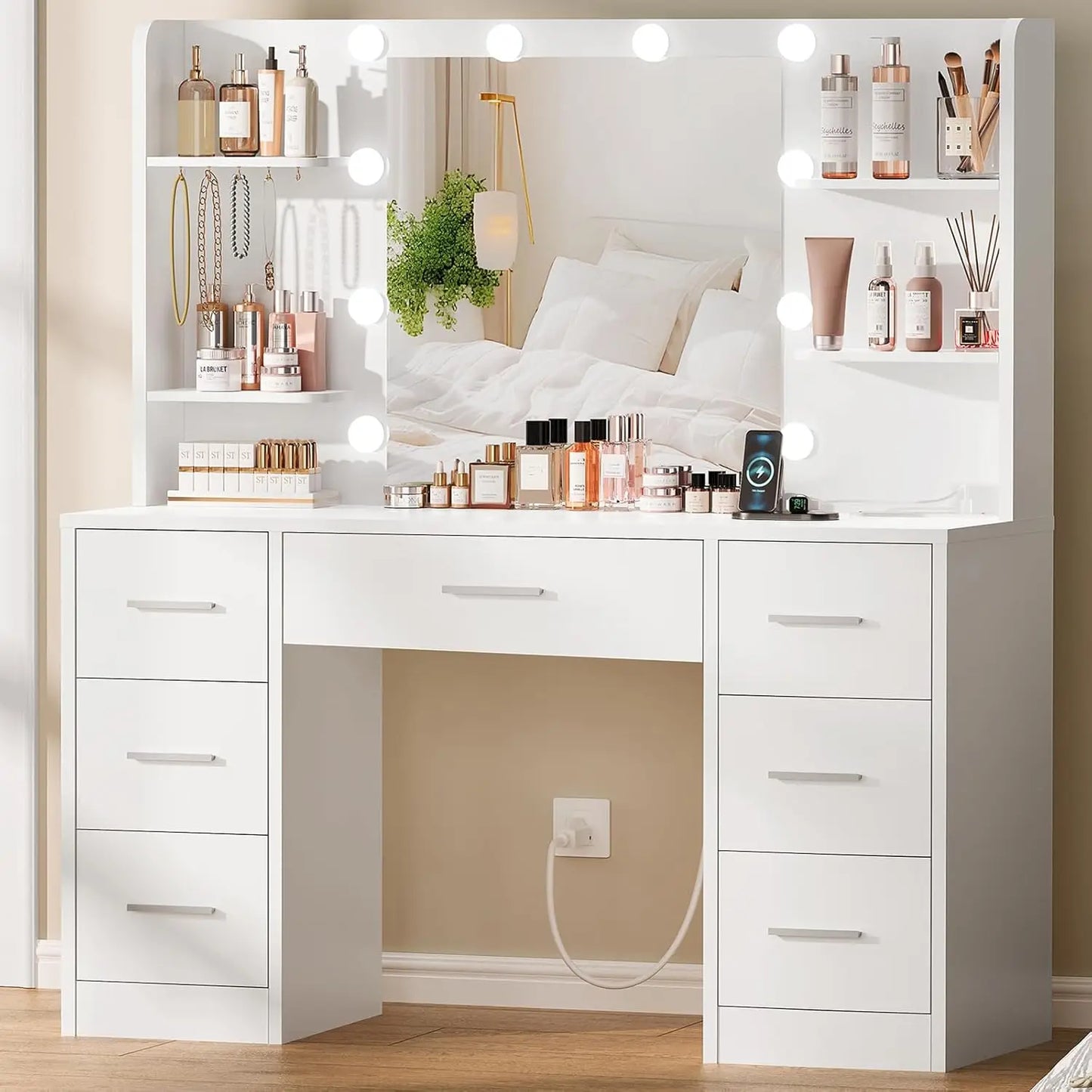 Vanity Desk With LED Mirror And Power Outlet 7 Drawers