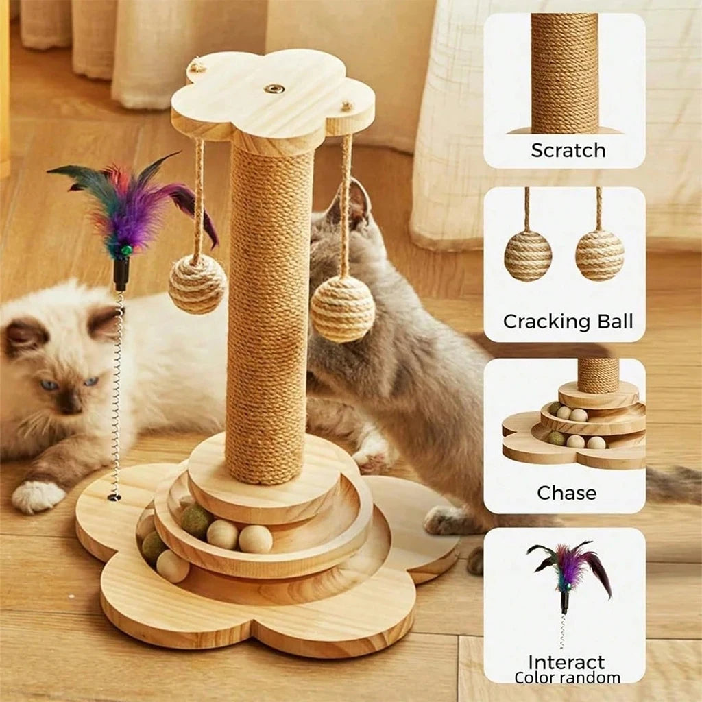 Wooden Cat Scratcher With Ball Track And Feather Toy