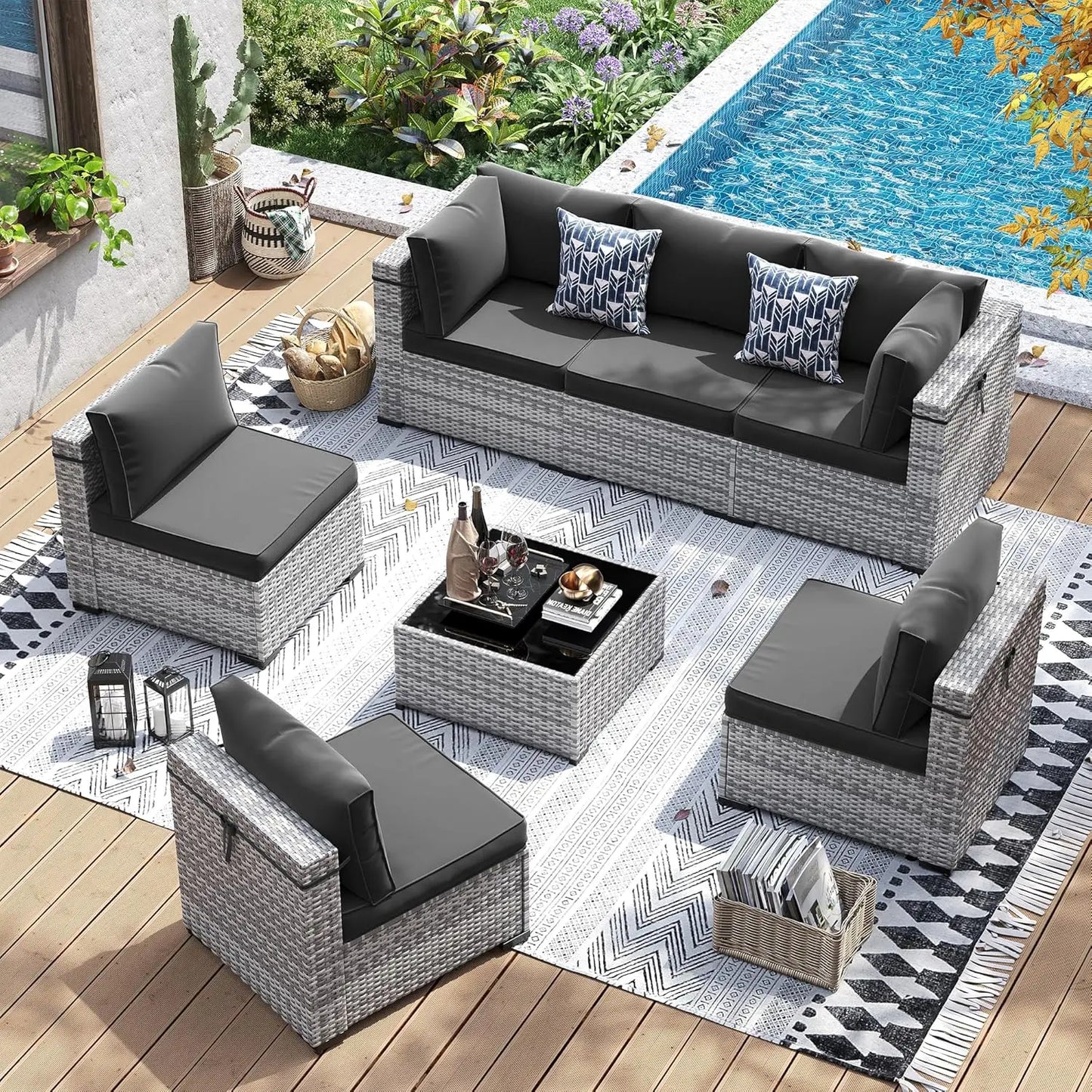 Patio Furniture Set 7-Piece PE Wicker Outdoor Conversation