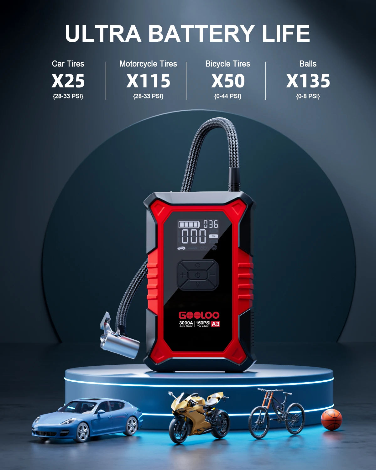 GOOLOO A3 Jump Starter With Air Compressor And 3000A Peak