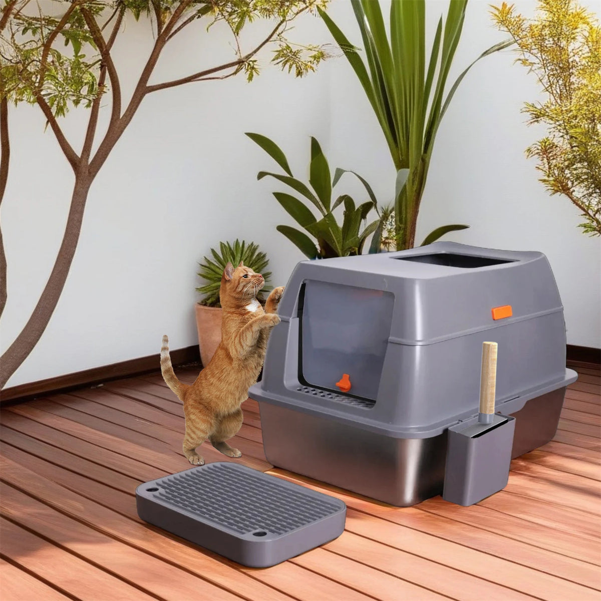 Enclosed Stainless Steel Cat Litter Box With Lid And High Sides
