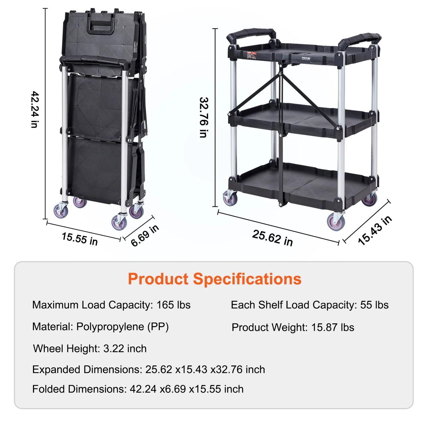 SucceBuy 3 Tier Folding Utility Cart For Kitchen And Bathroom