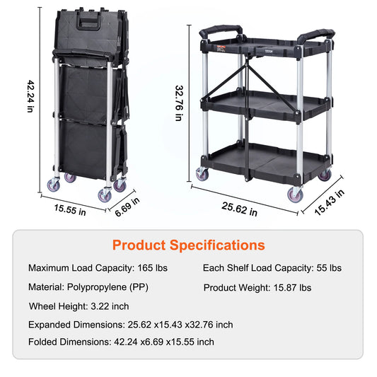 SucceBuy 3 Tier Folding Utility Cart For Kitchen And Bathroom